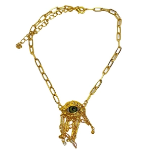Vintage gold metal necklace with green evil eye pendant and pearl tassels