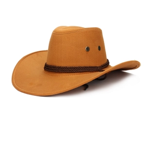 Detail of orange-brown faux suede cowboy hat with braided leather bands and air vents