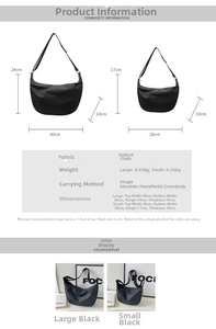 Size comparison detail of large and small black oxford dumpling bags with dimensions