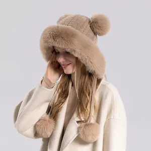 Winter Strickmütze Mit Ohrenklappen Kunstpelz Bärenohren Warme Winddichte Acryl Beanie Mit Großen Bommeln