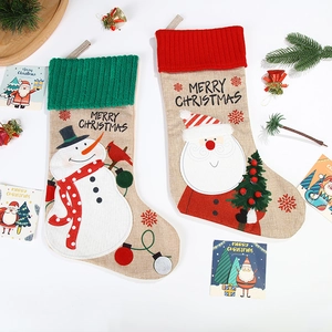 Christmas Stockings Faux Linen And Knit Cartoon Santa Snowman Embroidery Holiday Fireplace Home Decor Classic Festive