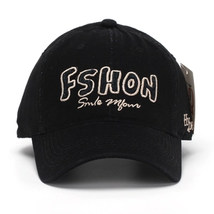 Classic black cotton baseball cap with cream embroidered letters and adjustable strap