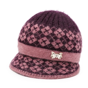 Winter knitted purple wool hat for elderly women featuring warm rhinestone bow detail