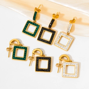 Stainless Steel Hollow Square Dangle Earrings Inlaid Cubic Zirconia Elegant Geometric Drop Jewelry For Women