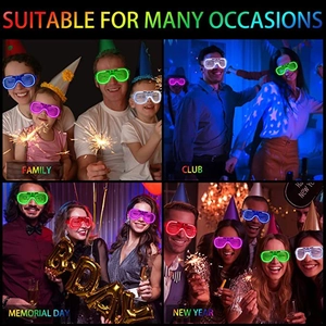 LED shutter glasses shown in family, club, memorial day and new year party scenes