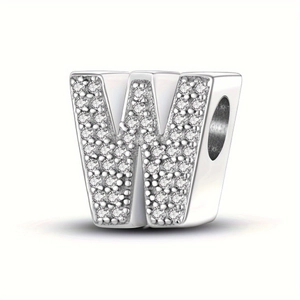 Detailed view of silver-plated copper bead featuring micro-paved rhinestones in letter W