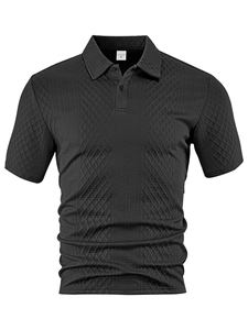 Detailed view of black polo shirt jacquard knit fabric and ribbed collar with size M label