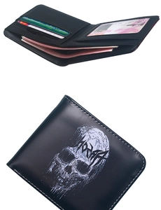 Close-up of skull motif wallet featuring card slots and a zipper coin pocket details
