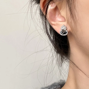 Silver needle hulu earrings with black zircon and clear crystals for women