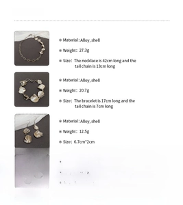 Tabella dettagliata di dimensioni e materiali per set di gioielli con conchiglie