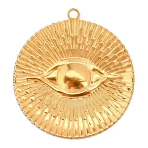 Macro view of gold-plated stainless steel Evil Eye pendant with sunburst texture