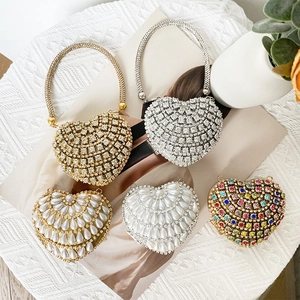 Heart Shaped Evening Bag Mini Rhinestone Artificial Pearl Clutch With Detachable Metal Chain Party Wedding Elegant Purse For Women