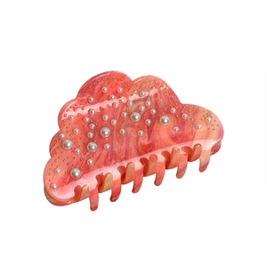 Cloud shaped pink marble resin hair claw clip with elegant white pearl embellishments