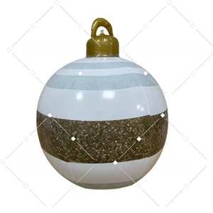 Detail of inflatable PVC Christmas ball with gold glitter stripes and hanging loop
