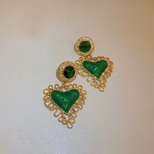 Vintage French Palace Heart Drop Earrings Copper Rhinestone Oil Drip Green With 925 Sterling Silver Earring Post