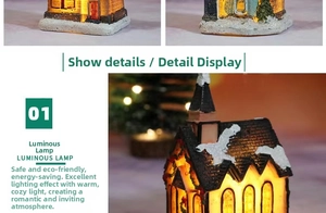 Macro detail of glowing resin Christmas cottage with warm LED light and snow finish
