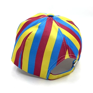 Detail of multi-color rainbow striped cotton baseball cap with adjustable metal buckle back