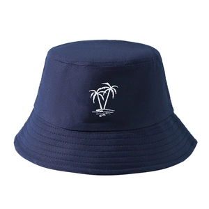 Unisex Y2K navy cotton bucket hat with white palm tree embroidery for sun protection
