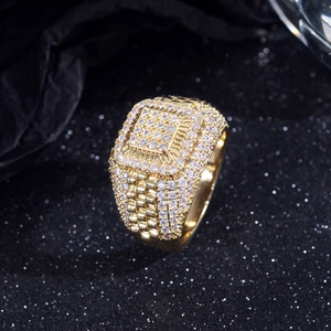 Hip-hop style square men's gold ring with micro-paved sparkling crystals and link texture
