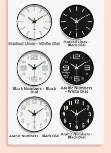 Luminous quartz wall clock detail showing various dial scales and minimalist frame options