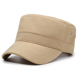Khaki quick-dry flat top military cap with side metal air vents for outdoor sun protection