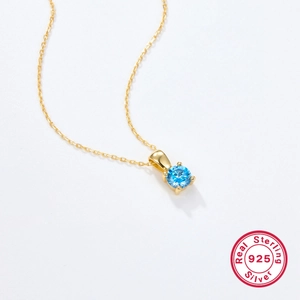 925 Sterling Silver necklace with sky blue round zircon pendant on gold chain