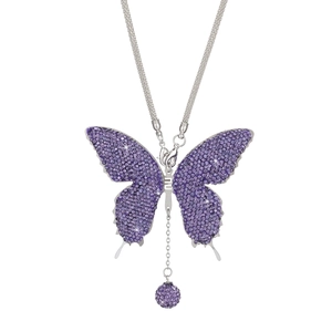 Close-up of sparkling purple rhinestone butterfly pendant with dangling crystal ball