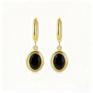Detailed macro view of vintage gold earrings with oval black stones and zircon accents