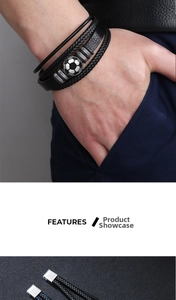 Detail of multi-layer braided leather bracelet featuring football metal charms and magnetic clasp