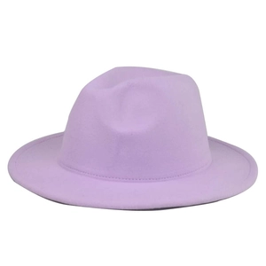 Detail of light purple wool fedora hat with flat brim and fine stitching finish