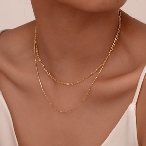 Stainless Steel Double Layer Necklace Gold Plated Paperclip Chain And Snake Chain Minimalist Fashion For Women