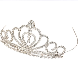 Elegant silver rhinestone tiara with heart design and scrolls for weddings and parties
