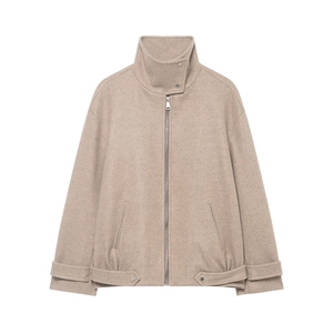 Women Stand Collar Bomber Jacket Solid Color Loose Fit Outerwear Coat With Zipper And Pockets Woolen Texture Polyester