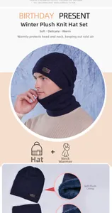 Detail of dark blue winter knit hat and neck warmer set with thick plush fleece lining