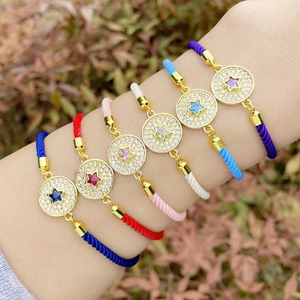 Star Round Pendant Bracelet 18K Gold Plated Copper Colorful Twisted Cotton Rope Adjustable Micro Pave Cubic Zirconia