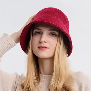 Minimalist wine red knitted bucket hat for women in a classic solid winter style