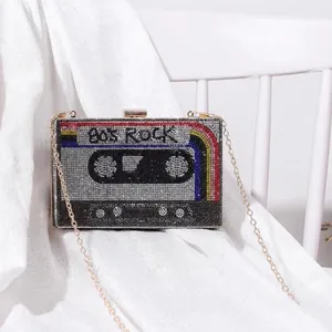 Retro Cassette Tape Evening Bag Rhinestone Clutch Party Purse With Detachable Metal Chain Disco Rock Style For Women