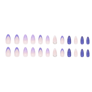 Sparkly almond-shaped press-on nails set with purple glitter, rhinestones and french tips