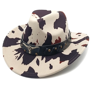 Western Cowboy Hat Cow Leopard Print Wide Brim Polyester With Metal Bull Head Leather Band Rivets Vintage Sun Hat