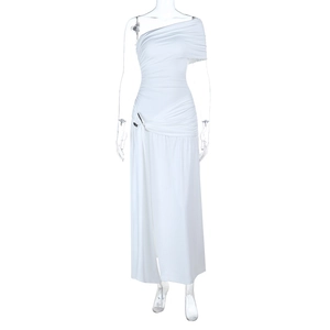 Detail of white one-shoulder maxi dress with ruched side and elegant slit detail