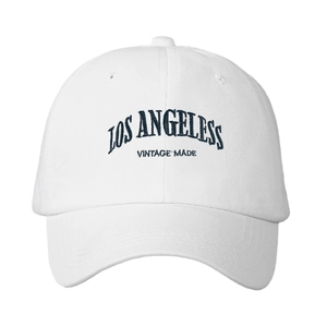 White cotton baseball cap with blue Los Angeles vintage embroidery and adjustable soft top