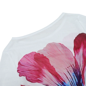 Detail of round neckline and sheer mesh fabric with pink floral print on white dress
