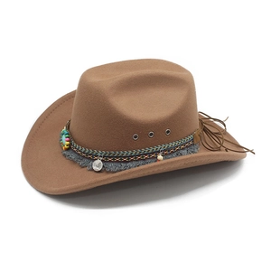 Detail of wool western cowboy hat featuring braided band with beads and fringe