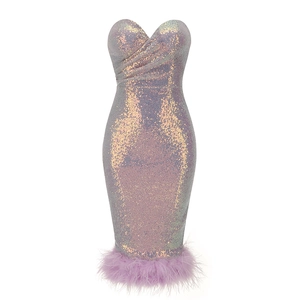 Elegant purple sequin strapless mini dress with ostrich feather hemline in luxury style