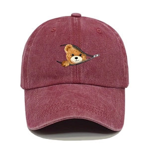 Vintage washed burgundy cotton baseball cap featuring a creative zipper teddy bear print
