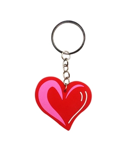 Detail of red and pink heart PVC keychain with a sturdy metal ring on white background