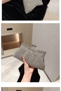 Close-up of sparkling silver evening clutch bag featuring intricate rhinestone textures