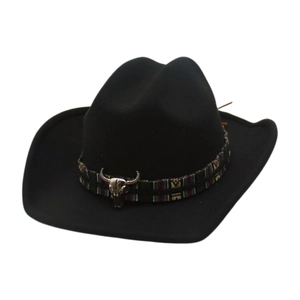 Classic black wool western cowboy hat with ethnic braided band and metal bull head ornament