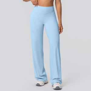 Detail view of light blue high-waist wide-leg yoga pants with premium smooth fabric texture