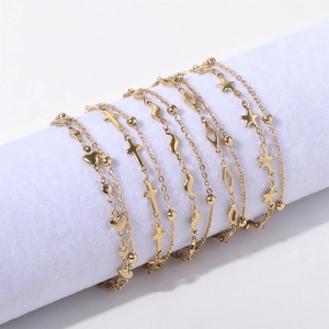 Gold layered heart and cross charm bracelets with polished bead chain for women